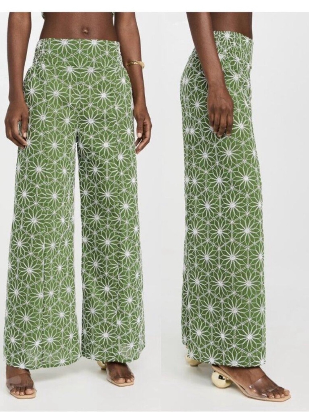 Agua Bendita Green Wide-Leg Pants with White Geometric Floral Embroidery - Picture 7 of 7